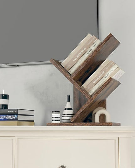 YMYNY 2 Tier Tree Bookshelf, Small Bookcase, Modern Wood Book Storage Rack Organizer, Freestanding Book shelf for Books/Movies/CDs, Display Rack for Bedroom, Home Office, Rustic Brown UHBC012H - LeafyLoom