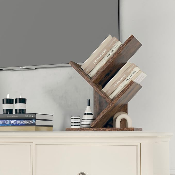 YMYNY 2 Tier Tree Bookshelf, Small Bookcase, Modern Wood Book Storage Rack Organizer, Freestanding Book shelf for Books/Movies/CDs, Display Rack for Bedroom, Home Office, Rustic Brown UHBC012H - LeafyLoom