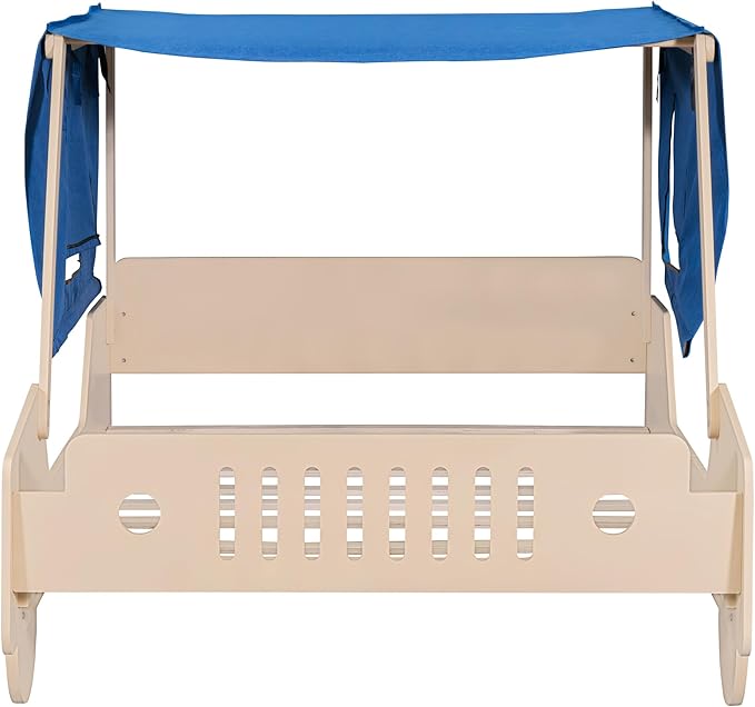 Full Size Kids Car Bed with Tent Canopy & Wheels,Wood Bedframe W/Safty Grille,Raised Base Design,Easy to Assemble,Toddler Boys Car-Shaped Bedroom Beds for Reading Playing Relaxing,Natural - LeafyLoom