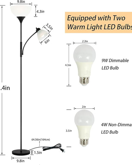 Floor Lamp, Dimmable Standing lamp, 3 Levels Dimmable Brightness, Included 9W and 5W LED Bulbs, Industrial Floor Lamp for Living Room, Bedroom, Office, Reading - LeafyLoom