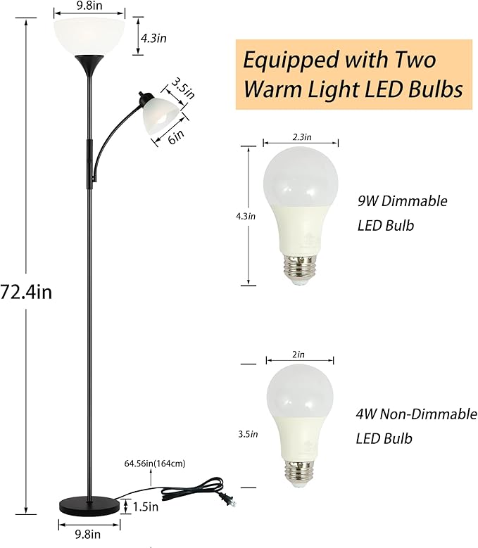 Floor Lamp, Dimmable Standing lamp, 3 Levels Dimmable Brightness, Included 9W and 5W LED Bulbs, Industrial Floor Lamp for Living Room, Bedroom, Office, Reading - LeafyLoom