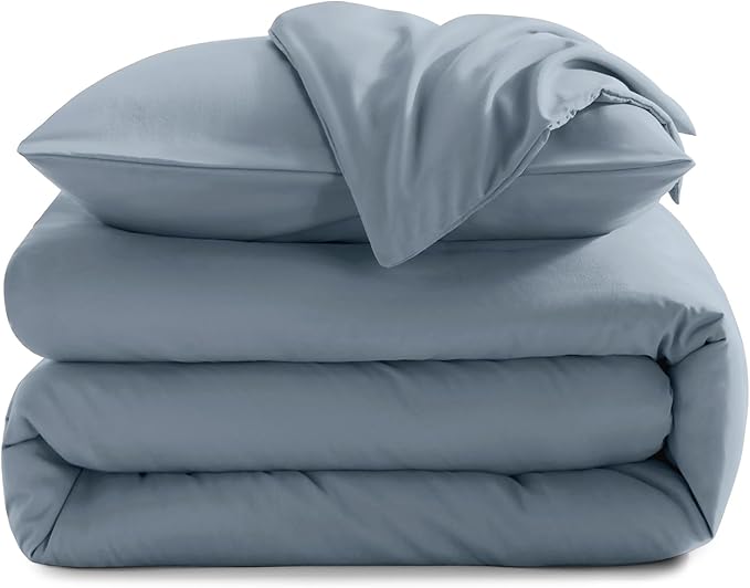 CozyLux Grayish Blue Comforter Set King Size, 3 Pieces Solid Breathable Quilted Boho Style Bedding Sets, Luxury Fluffy Soft Microfiber Comforter for All Season(1 Comforter & 2 Pillowcases) - LeafyLoom