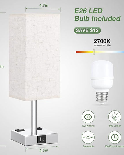 Off White Set of 2 Touch Lamp with USB Port-Nightstand Lamp with USB-C+A Charge Ports& AC Outlets, 3-Way Dimmable Bedside Lamp with Shade,Small Table Lamp for Bedroom Guest Room( Bulb Included) - LeafyLoom