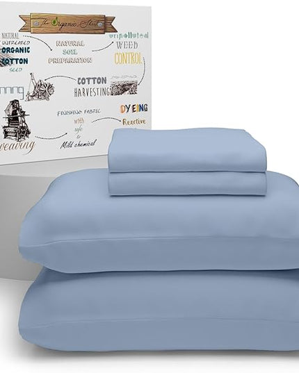 Purity Home Organic 100% Cotton Light Blue Full Size Bed Sheets, Percale Weave Cotton Sheet Set for Full Size Bed, Crisp, Cooling & Breathable Bed Sheets, Fits Mattress Upto 16" Deep Pocket - LeafyLoom