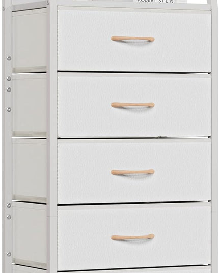 Furnulem White Dresser with 5 Drawers, Vertical Storage Tower Fabric Dresser for Bedroom, Hallway, Entryway, Nursery, Closet Organizer, Nightstand Bedside Table Furniture, Sturdy Steel Frame, Wood Top - LeafyLoom