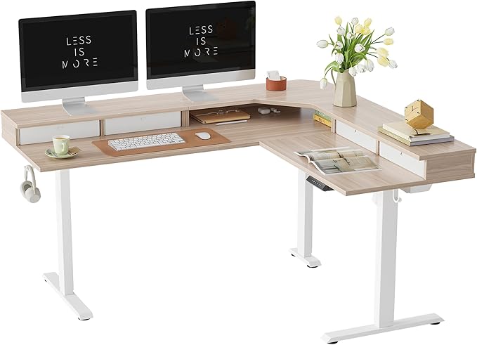 FEZIBO 63" L Shaped Standing Desk with 4 Drawers, Electric Standing Gaming Desk Adjustable Height, Corner Stand up Desk with Splice Board, White Frame/Light Walnut Top - LeafyLoom