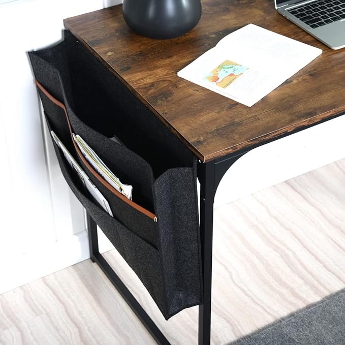 FurnitureR 39.4 inch Small Study Writing Table with Storage Bag Space Saving for Home Office, Modern PC Metal Frame Computer Desk, Brown - LeafyLoom