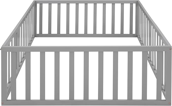 Multifunctional Full Size Floor Bed with Safety Guardrails and Door, Montessori Sturdy Solid Wood Beds Frame, Easy Assembly and No Spring Need, for Boys and Girls Room, Gray - LeafyLoom