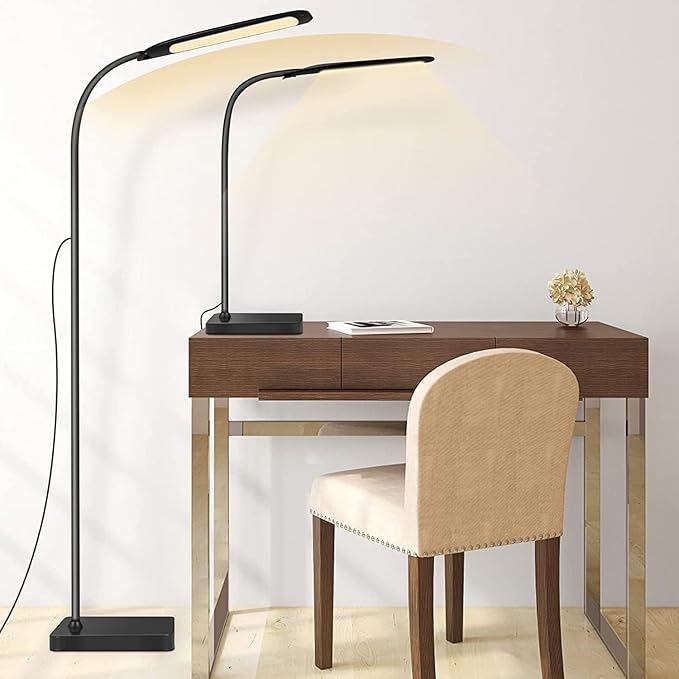 Syrinx LED Floor Lamp, 2 in 1 Standing Lamp with 3 Color Temperatures, Stepless Dimmable Table Lamps Floor Standing Lamps for Home Office Studying Reading Bedside 10W LED Desk Light - Black - LeafyLoom