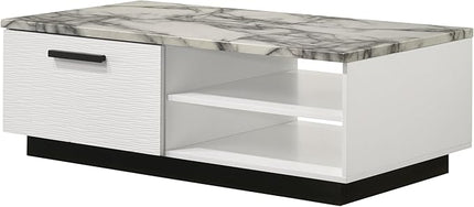 NicBex Coffee Table Faux Marble Coffee Table with Storage Rectangle Center Tables with Open Shelves and Drawer Dining Table for Living Room, Dining Room, Office, and Bedroom,47" W, White - LeafyLoom
