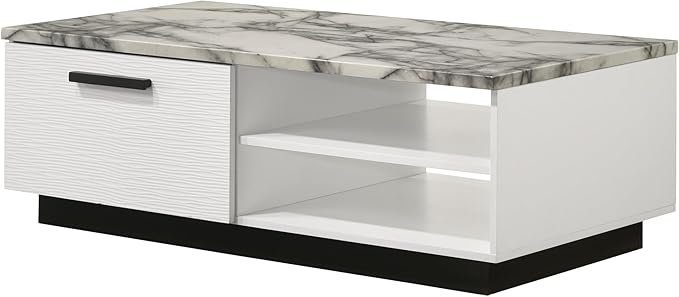 NicBex Coffee Table Faux Marble Coffee Table with Storage Rectangle Center Tables with Open Shelves and Drawer Dining Table for Living Room, Dining Room, Office, and Bedroom,47" W, White - LeafyLoom