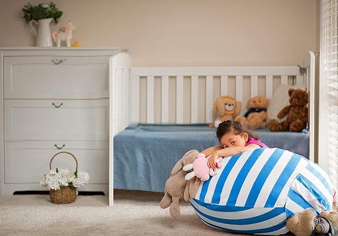 Wekapo Stuffed Animal Storage Bean Bag Chair Cover for Kids | Stuffable Zipper Beanbag for Organizing Children Plush Toys Large Premium Cotton Canvas (Blue, XX-Large) - LeafyLoom