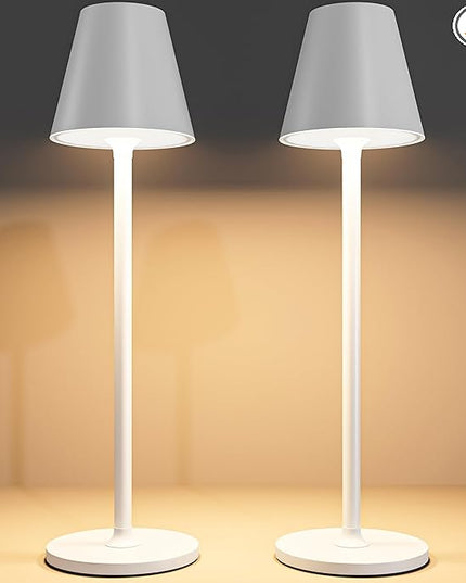 2 Pack LED CordlessTable Lamp,4000mAh Rechargeable Battery Desk lamp,3 Level Brightness Portable Light, Minimalist Design, for Couple Dinner/Coffee Table/Restaurant/Bedroom(White 2pack) - LeafyLoom