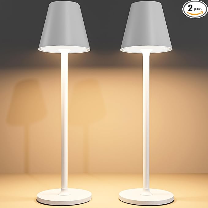 2 Pack LED CordlessTable Lamp,4000mAh Rechargeable Battery Desk lamp,3 Level Brightness Portable Light, Minimalist Design, for Couple Dinner/Coffee Table/Restaurant/Bedroom(White 2pack) - LeafyLoom