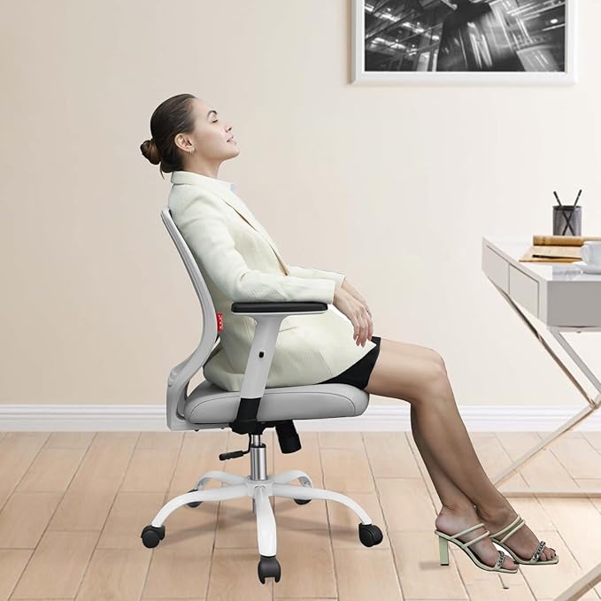 Schwake Ergonomic Office Chair Home Mesh Desk Chair with Adjustable Arms - Mid Back Computer Chairs for Adults - Swivel Task Chair Comfortable for Home Office (White &Grey) - LeafyLoom