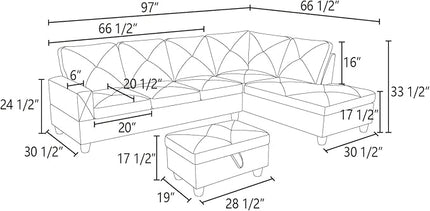 L-Shape Sectional Sofa with Storage Ottoman, 4-Seat Couch with Chaise Fabric Upholstered for Living Room, Apartment, Office, Brown - LeafyLoom