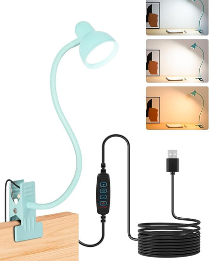Clip on Reading Light for Bed 3 Color Modes, 10 Brightness Dimmable, Flexible Gooseneck Clip on Lamp, Eye Care Clip Light for Bed Headboard Desk Home Dorm, Teal - LeafyLoom