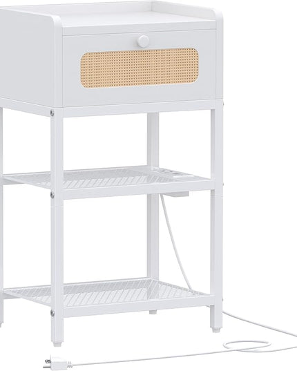 Night Stand, Side Table with Rattan Drawer, Nightstand with Charging Station, Industrial Bedside Table with 3-Tier Storage, White JET003CW1 - LeafyLoom