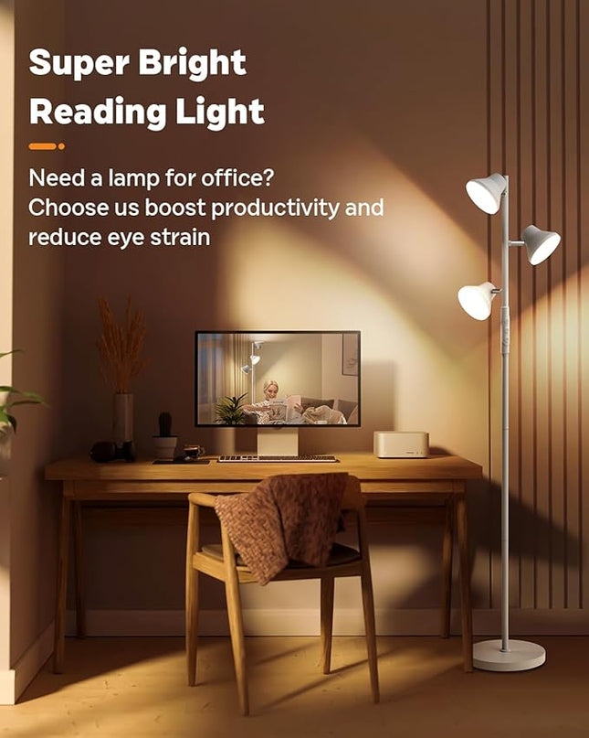 LED Tree Floor Lamp Silver, 36W Super Bright Standing Lamp with Remote Control, 4 Color Temperatures, 3 Rotatable LED Lights, Dimmable Floor Lamps for Living Room, Bedroom, Office - LeafyLoom