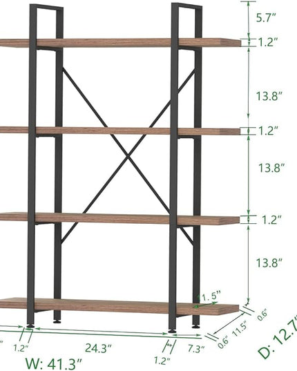 HSH Industrial 4 Tier BookShelf, Modern Metal and Wood 4 Shelf Bookcase Etagere, Farmhouse Open Wide Display Storage Bookshelves and Bookcases Heavy Duty for Bedroom Living Room Office, Rustic Oak - LeafyLoom
