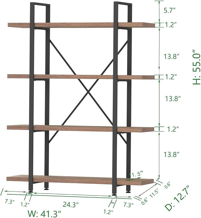 HSH Industrial 4 Tier BookShelf, Modern Metal and Wood 4 Shelf Bookcase Etagere, Farmhouse Open Wide Display Storage Bookshelves and Bookcases Heavy Duty for Bedroom Living Room Office, Rustic Oak - LeafyLoom