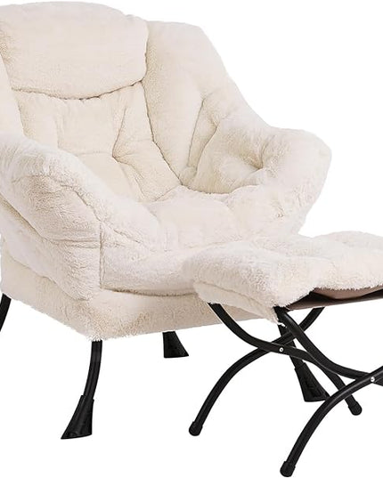 LITA Lazy Chair with Ottoman, Modern Accent Leisure Upholstered Sofa Chair, Lounge Reading Chair with Armrests and a Side Pocket for Living Room, Bedroom & Small Space, Plush Beige - LeafyLoom
