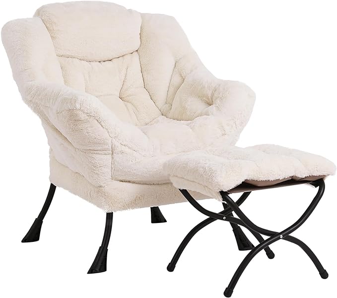 LITA Lazy Chair with Ottoman, Modern Accent Leisure Upholstered Sofa Chair, Lounge Reading Chair with Armrests and a Side Pocket for Living Room, Bedroom & Small Space, Plush Beige - LeafyLoom