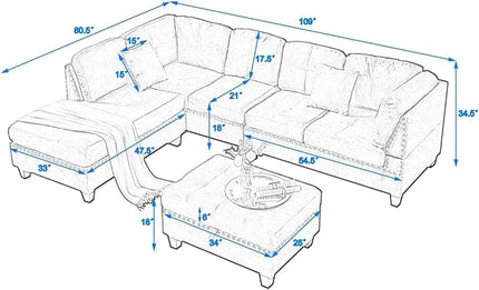 Living Room,Modular Sectional Sofa Set,L-Shape Storage Ottoman/Two Small pillow/Reversible Chaise,Couch for Large Space Dorm Apartment-Gray, 1 - LeafyLoom