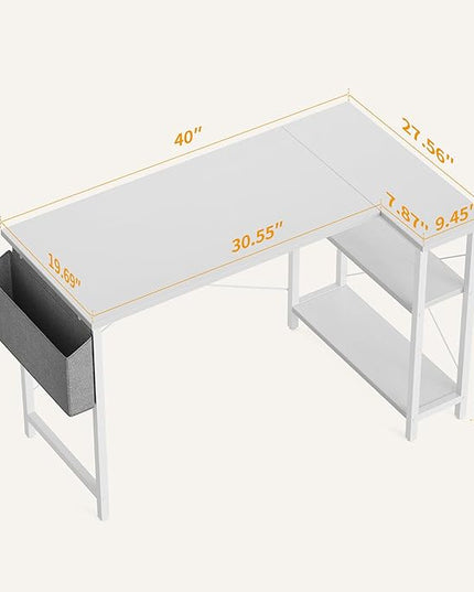 CubiCubi L Shaped Desk, 40" Computer Desk with Reversible Storage Shelves Home Office Corner Desk Study Writing Gaming Table, White - LeafyLoom