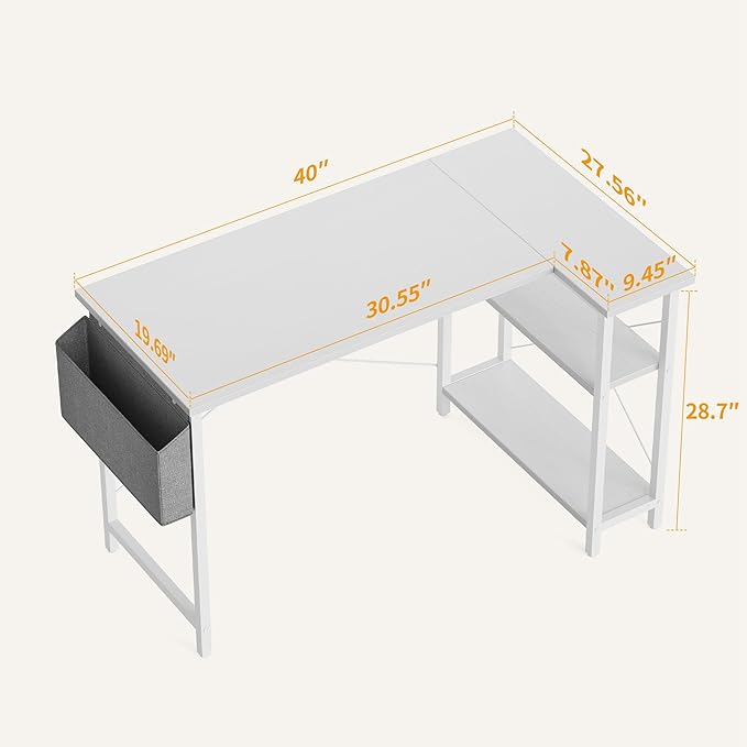 CubiCubi L Shaped Desk, 40" Computer Desk with Reversible Storage Shelves Home Office Corner Desk Study Writing Gaming Table, White - LeafyLoom