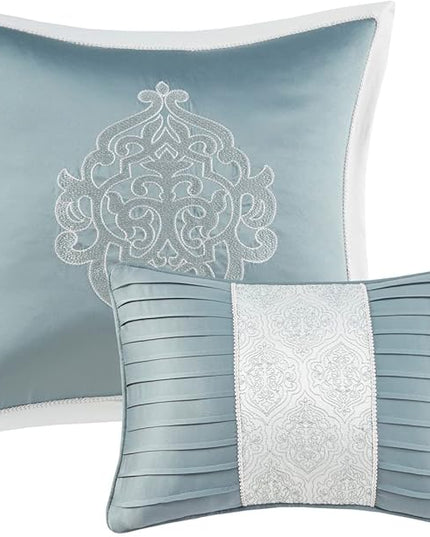 Madison Park Odette Cozy Comforter Set Jacquard Damask Medallion Design - Modern All Season, Down Alternative Bedding, Shams, Decorative Pillows, Queen(90 in x 90 in), Aqua - LeafyLoom