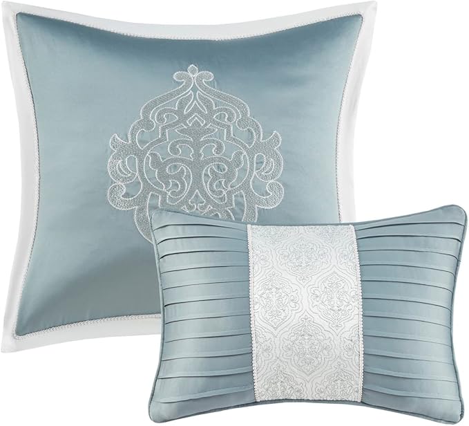 Madison Park Odette Cozy Comforter Set Jacquard Damask Medallion Design - Modern All Season, Down Alternative Bedding, Shams, Decorative Pillows, Queen(90 in x 90 in), Aqua - LeafyLoom
