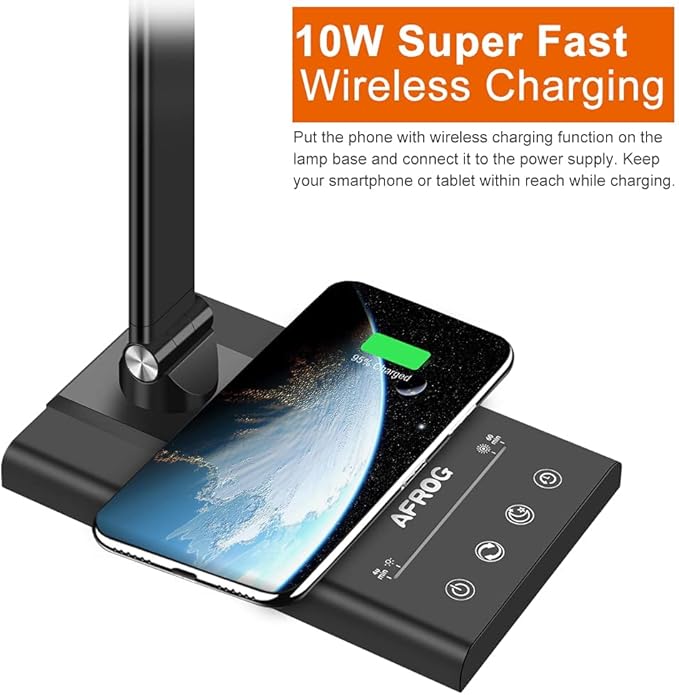 AFROG 5th Gen Multifunctional LED Desk Lamp with 10W Fast Wireless Charger, USB Charging Port,1800Lux Super Bright,5 Lighting Mode,7 Brightness, Touch Control, Auto Timer, 15W Office Table Lamp - LeafyLoom
