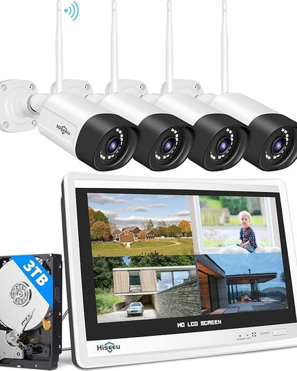 Hiseeu 5MP Wireless Pro Security Camera System with 12" LCD Monitor and 3T HDD Outdoor Use 24/7 Recording Motion Detection Color Night Vision 2 Way Audio Expandable 10CH 8MP NVR Plug and Play Hiseeu