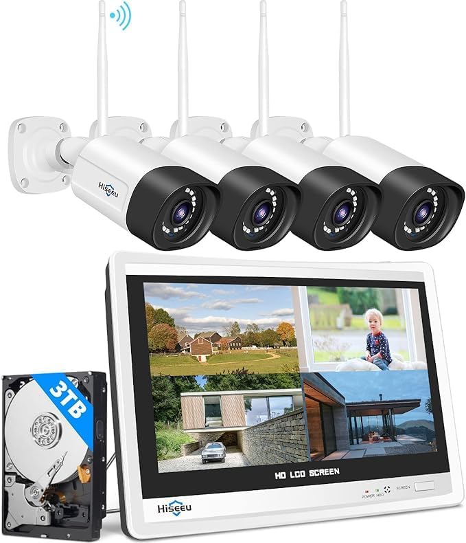 Hiseeu 5MP Wireless Pro Security Camera System with 12" LCD Monitor and 3T HDD Outdoor Use 24/7 Recording Motion Detection Color Night Vision 2 Way Audio Expandable 10CH 8MP NVR Plug and Play Hiseeu