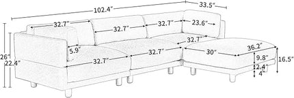 102.4" Luxury L-Shaped Sectional Sofa with Reversible Chaise, Modern 4 Seat Convertible Upholstery Couch for Living Room, Apartment, Office, Sturdy Wooden Frame, Gray, 102.4 Inch - LeafyLoom