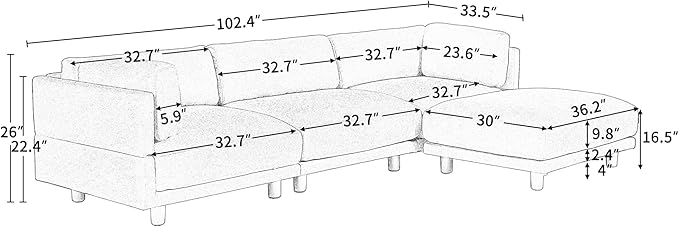 102.4" Luxury L-Shaped Sectional Sofa with Reversible Chaise, Modern 4 Seat Convertible Upholstery Couch for Living Room, Apartment, Office, Sturdy Wooden Frame, Gray, 102.4 Inch - LeafyLoom