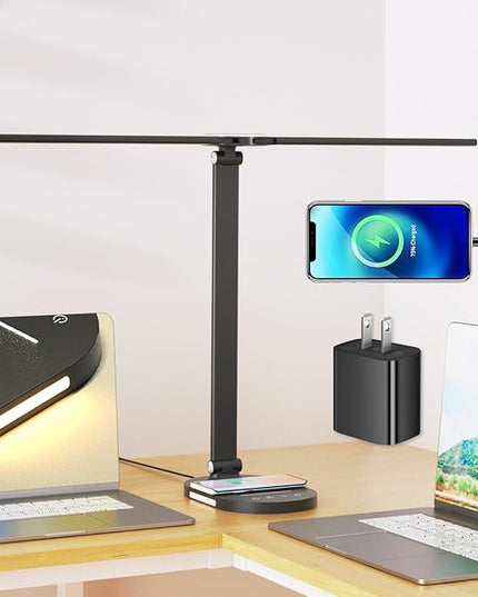 Clearance 12W Bright Desk Lamp for Home Office, Wireless Charger, USB Charging Port, 2 Night Light, 1H Timer AUTO-OFF, 5 Modes Dimmable 80 LED Desk Light, Adjustable 2 Office Lamp for Work, Computer - LeafyLoom