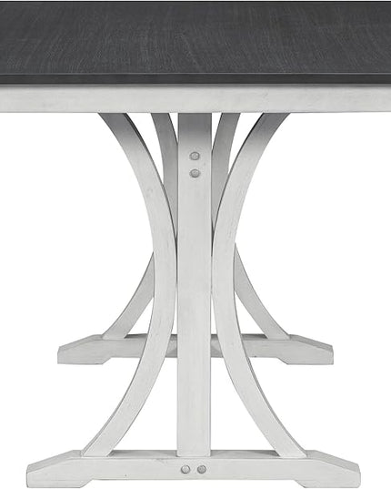 6-Piece Mid-Century Dining Set for 6, Trestle Table and 4 Elegant Victorian Round Back Chairs & Bench, for Kitchen Living Room, Gray+Antique White, 59.8" L x 35.8" W x 30" H - LeafyLoom