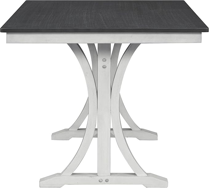 6-Piece Mid-Century Dining Set for 6, Trestle Table and 4 Elegant Victorian Round Back Chairs & Bench, for Kitchen Living Room, Gray+Antique White, 59.8" L x 35.8" W x 30" H - LeafyLoom