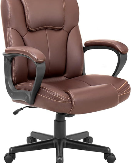 Executive Office Chair Swivel Task Seat with Ergonomic Mid-Back, Waist Support, PU Leather, 18D x 19W x 41H in, Brown - LeafyLoom