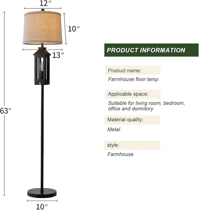 63" Floor Lamps for Living Room Bedside Nightstand Lamp All Black Tall Standing Lamp for Home Decor Bedroom Reading Lamp Farmhouse Rustic Bed Lights with 2 Light Sources (2 Bulbs) - LeafyLoom