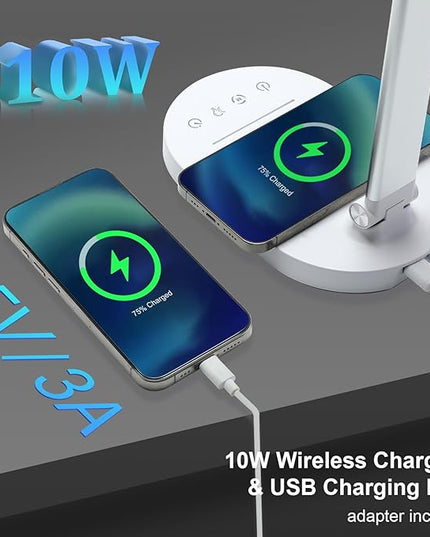 Lightess LED Desk Lamp with Wireless Charger, USB Charging Port, 5 Color Modes, 5 Brightness Level, Dimmable Desk Lamp, Office Table Lamp for Study Reading, Touch Control, Auto Timer - LeafyLoom
