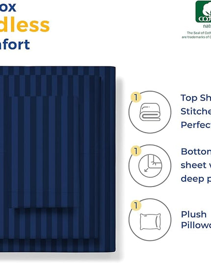 THREAD SPREAD Luxury Egyptian Cotton Twin Stripe Sheet Set - 600 Thread Count Extra Long Staple 3 PC Set, Twin Damask Sheets, Soft, Cooling Sateen Weave Striped Sheets Upto 18" Deep Pocket - Navy Blue - LeafyLoom