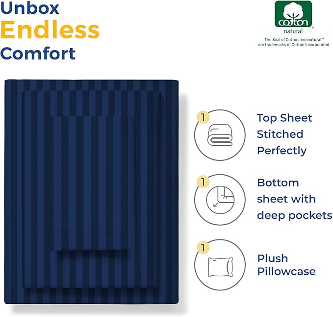 THREAD SPREAD Luxury Egyptian Cotton Twin Stripe Sheet Set - 600 Thread Count Extra Long Staple 3 PC Set, Twin Damask Sheets, Soft, Cooling Sateen Weave Striped Sheets Upto 18" Deep Pocket - Navy Blue - LeafyLoom