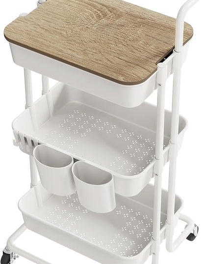 DTK 3 Tier Rolling Utility Cart with Cover Top Board, Movable Kitchen Storage Cart Trolley with Lockable Wheels, Cups, Hooks for Kitchen Bathroom Home Office Art Craft Storage and Organization(White) - LeafyLoom