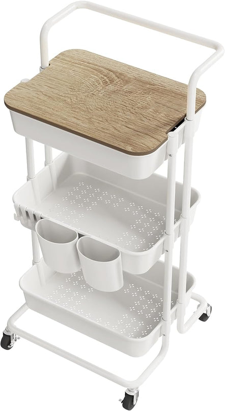 DTK 3 Tier Rolling Utility Cart with Cover Top Board, Movable Kitchen Storage Cart Trolley with Lockable Wheels, Cups, Hooks for Kitchen Bathroom Home Office Art Craft Storage and Organization(White) - LeafyLoom