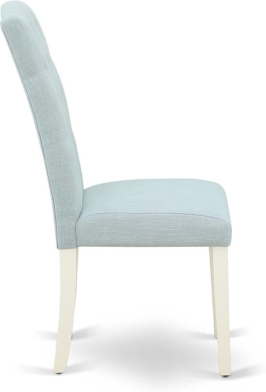 East West Furniture Oxford 3 Piece Set for Small Spaces Contains a Square Dining Room Table and 2 Baby Blue Fabric Upholstered Chairs, 36x36 Inch, Linen White - LeafyLoom