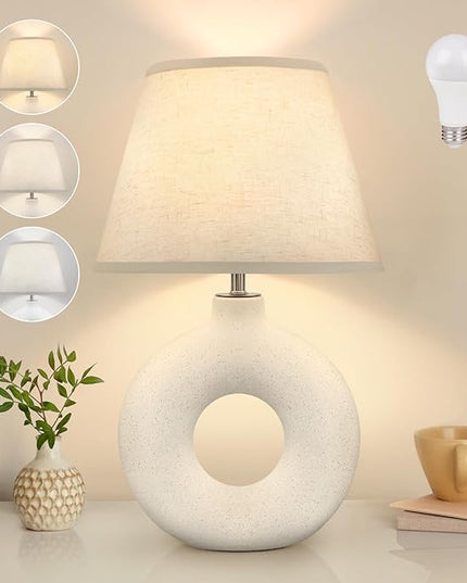 Boho Table Lamp for Living Room Bedroom, 21" Modern White Ceramic Bedside Lamps 3 Color Temperature Farmhouse Rustic Table Lamps for Night Stands, Dorm, Office, Home Décor (Bulb Included) - LeafyLoom