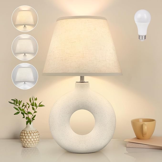 Boho Table Lamp for Living Room Bedroom, 21" Modern White Ceramic Bedside Lamps 3 Color Temperature Farmhouse Rustic Table Lamps for Night Stands, Dorm, Office, Home Décor (Bulb Included) - LeafyLoom